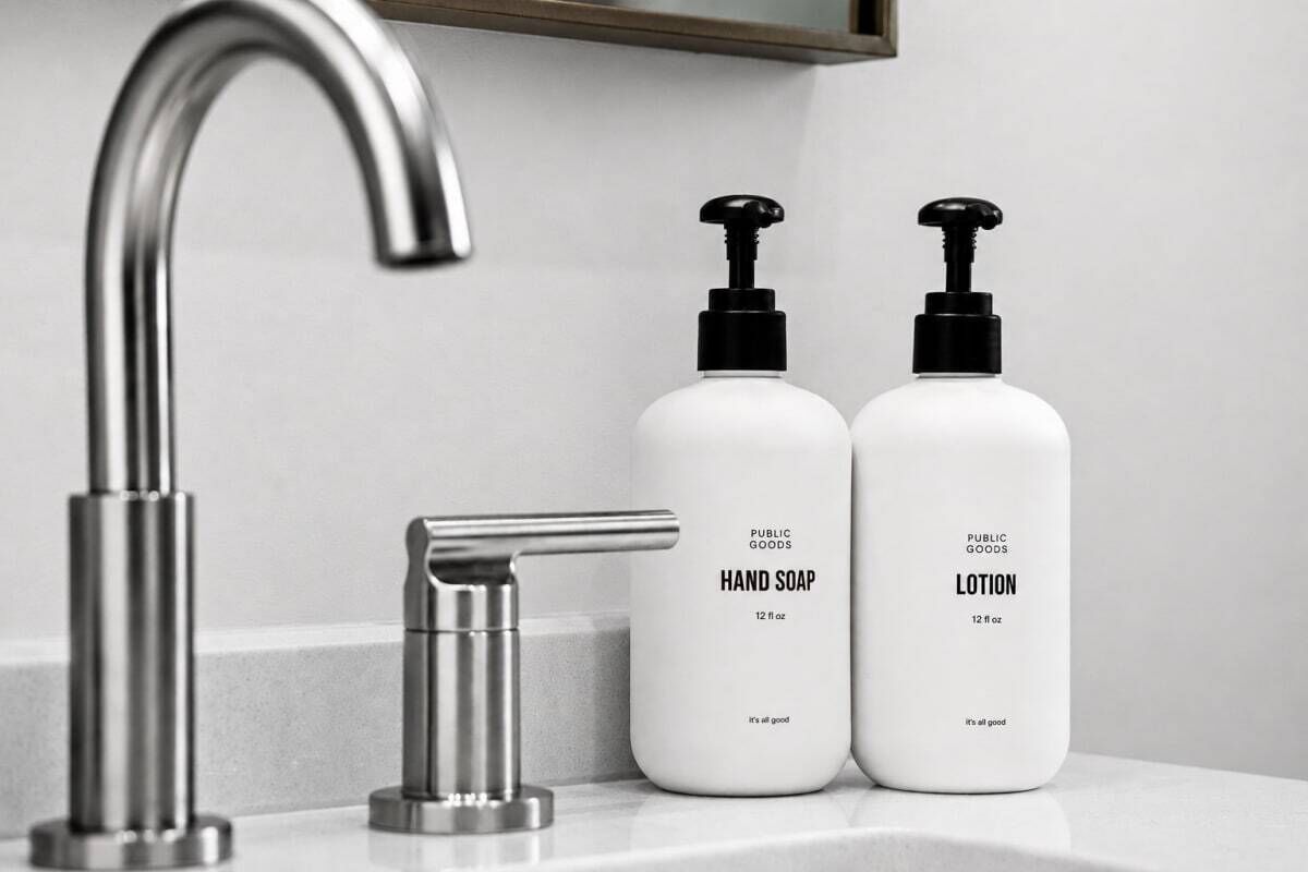 Ein modernes Badezimmer mit chromfarbenem Wasserhahn, zwei weiße Flaschen Handseife und Lotion sowie einem Spiegel über dem Waschbecken.