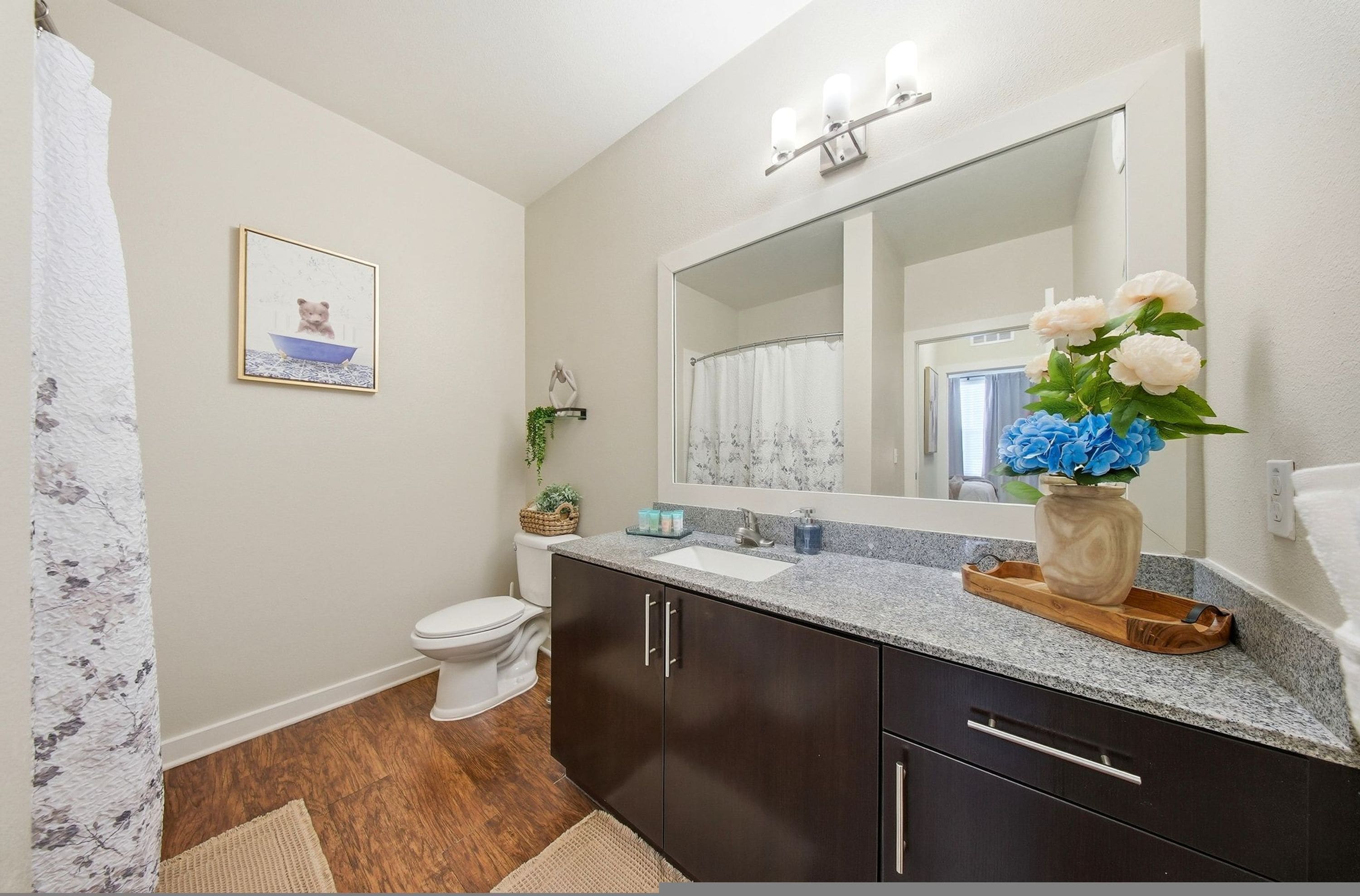 A bathroom with a toilet, dark cabinets, a sink, a mirror, and a framed picture on the wall.