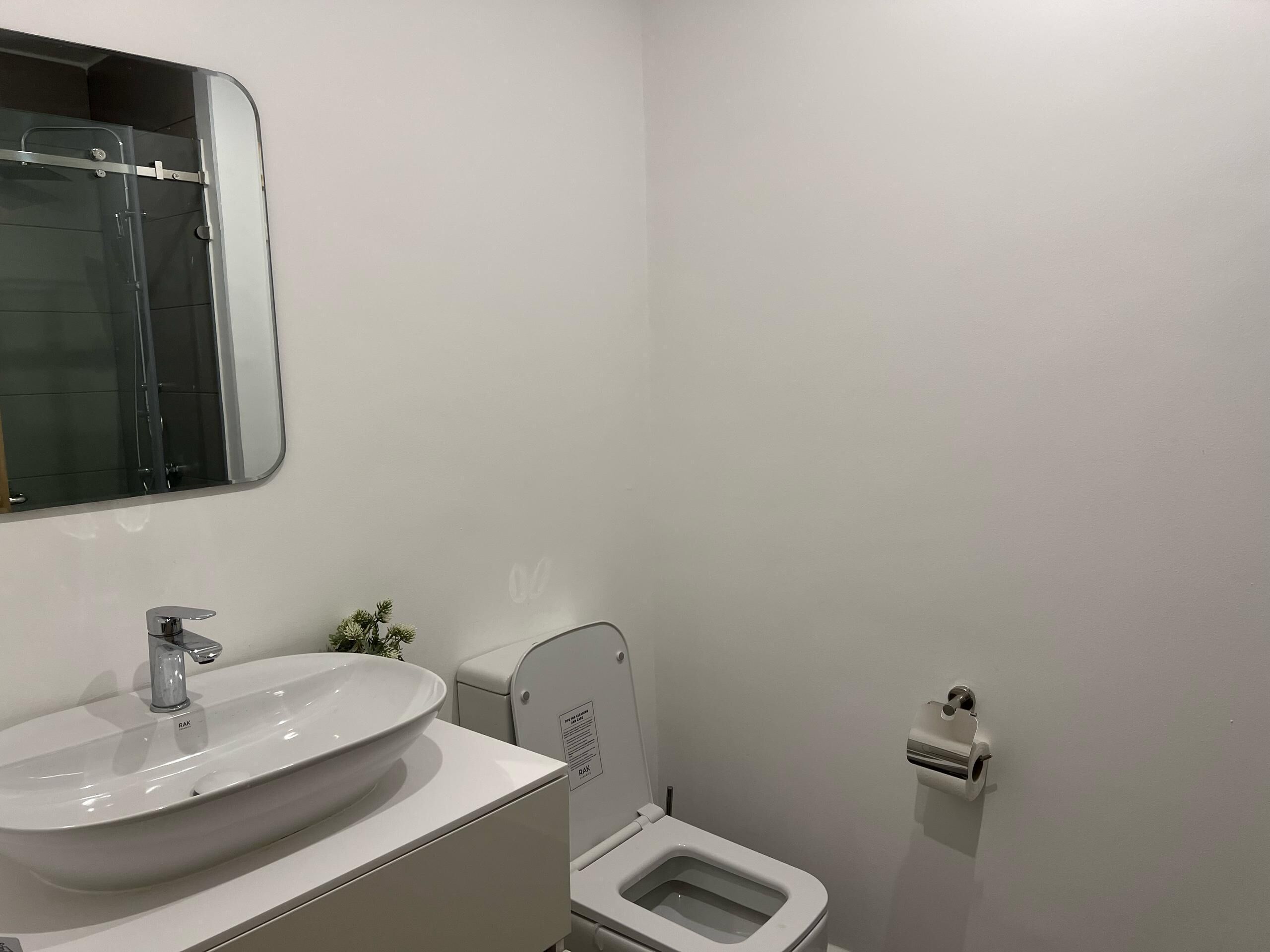 Une salle de bain avec un lavabo blanc, un miroir et des toilettes.