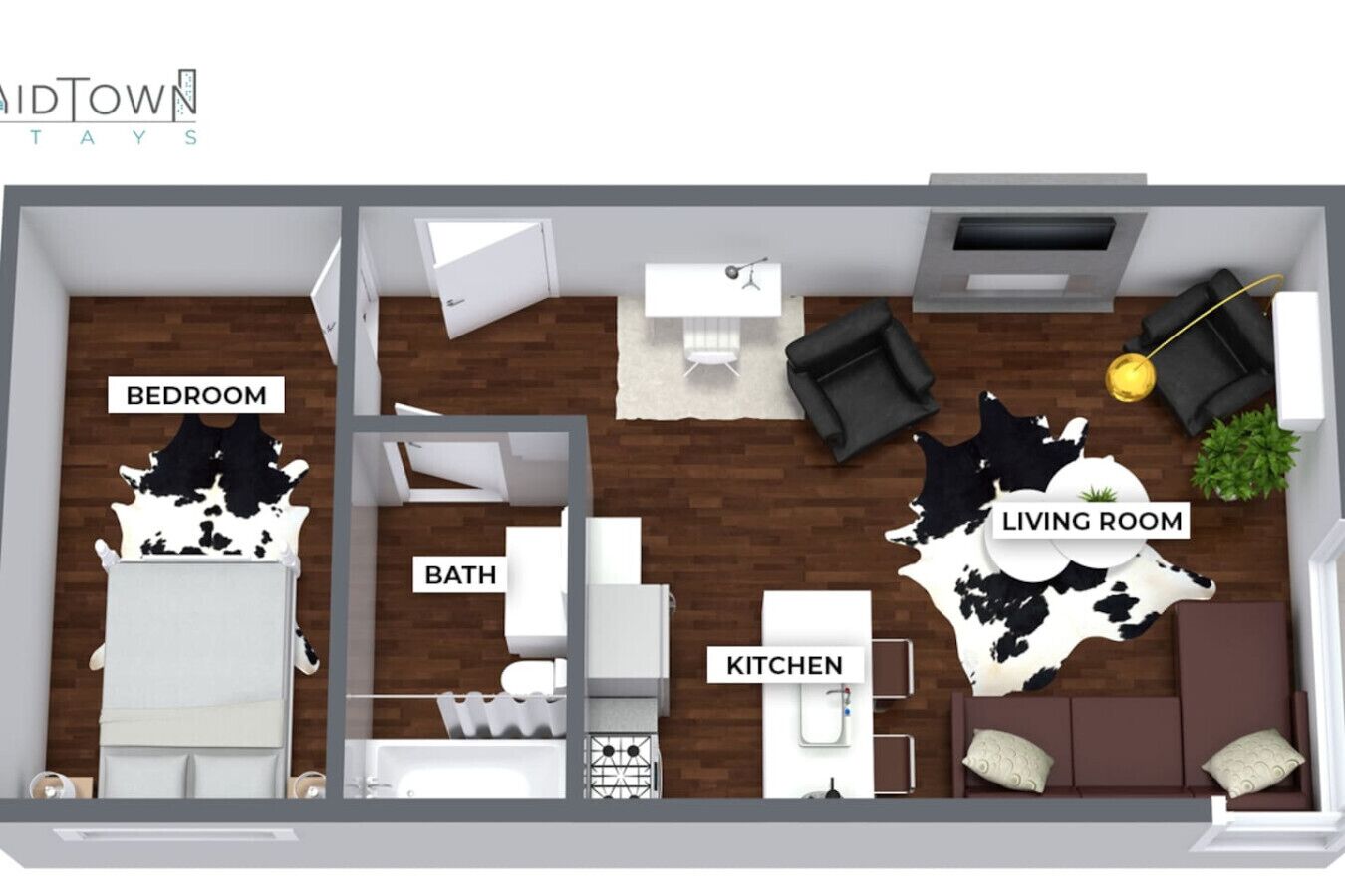 Plano de planta de un apartamento moderno con habitaciones identificadas: un dormitorio, sala de estar, cocina y baño.