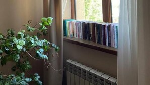 Una esquina de una habitación con una ventana, un radiador y una planta.
