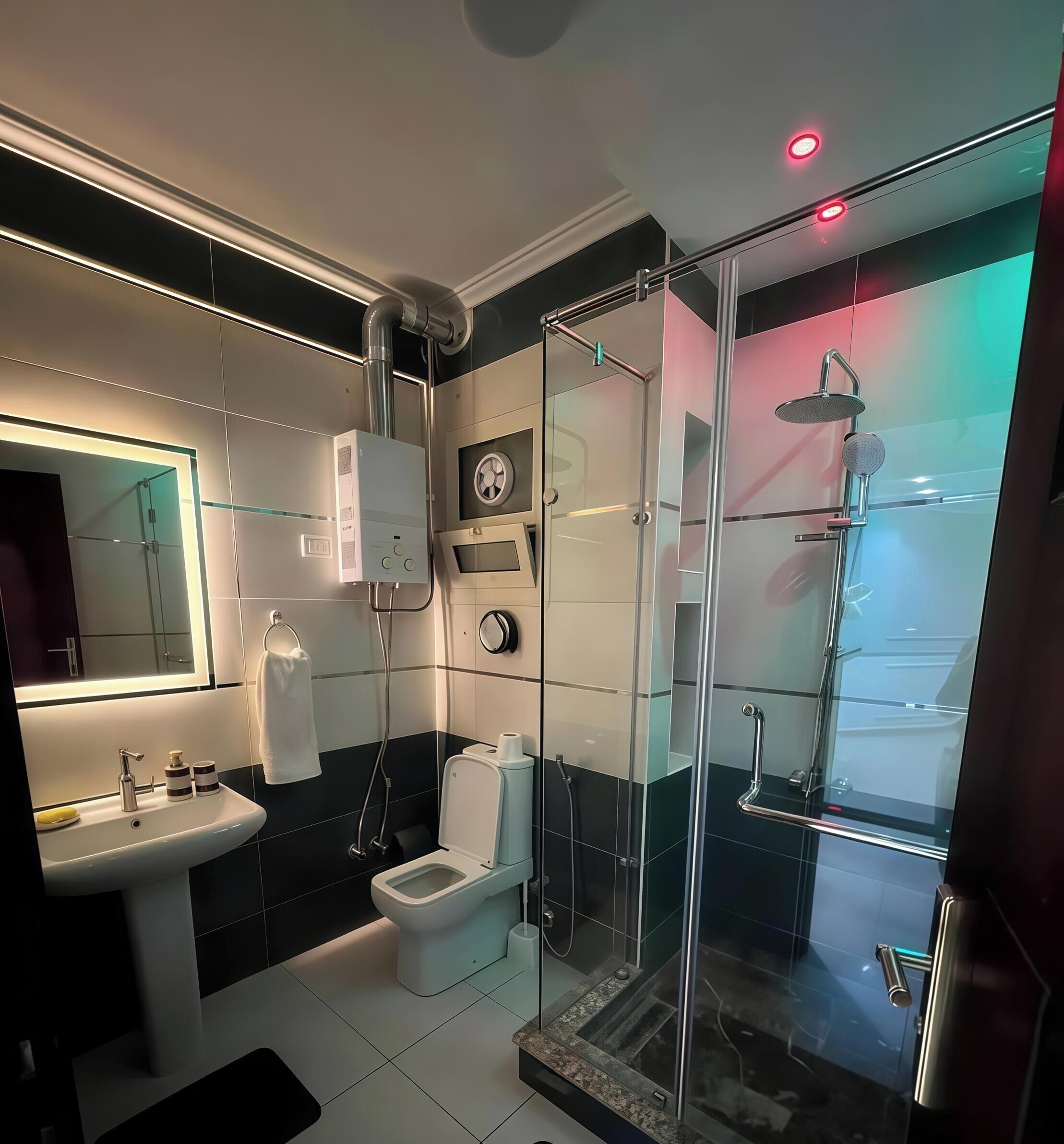 A modern bathroom with a glass-enclosed shower, a toilet, and a sink.