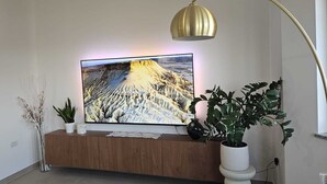 A flat-screen TV on a wooden console, a gold floor lamp, and two potted plants. - New Elegant Luxury Villa Viktoria in Historic Pula (Pula)
