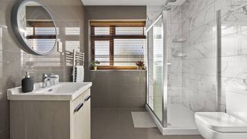 Shower, jetted bath, hair dryer, towels
