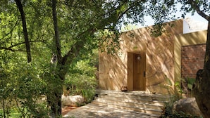 A stone pathway leading to a wooden door with a brick wall and a large tree in the foreground.