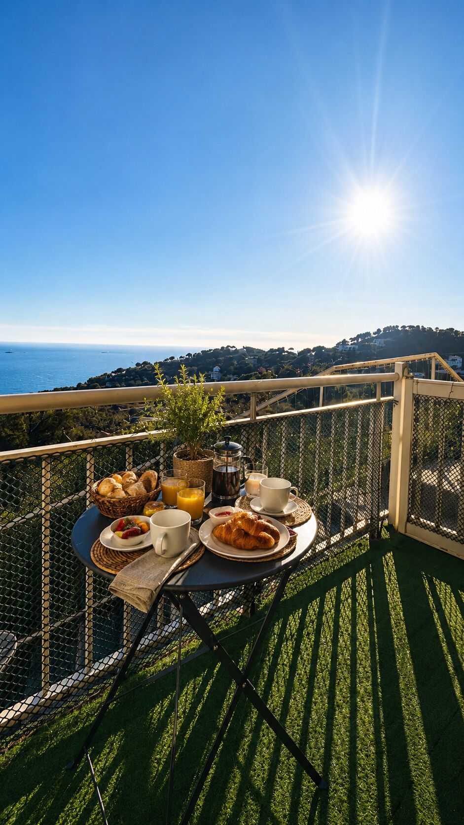 Ein Tisch mit Frühstücksangeboten, einer Topfpflanze und Blick aufs Meer.