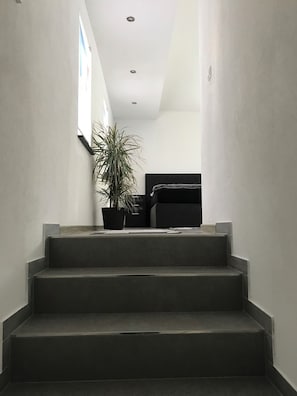 Een trap die leidt naar een kamer met een bed, een plant in pot en een raam.