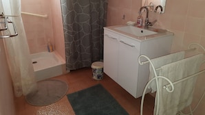 Un baño con ducha, lavabo e inodoro.