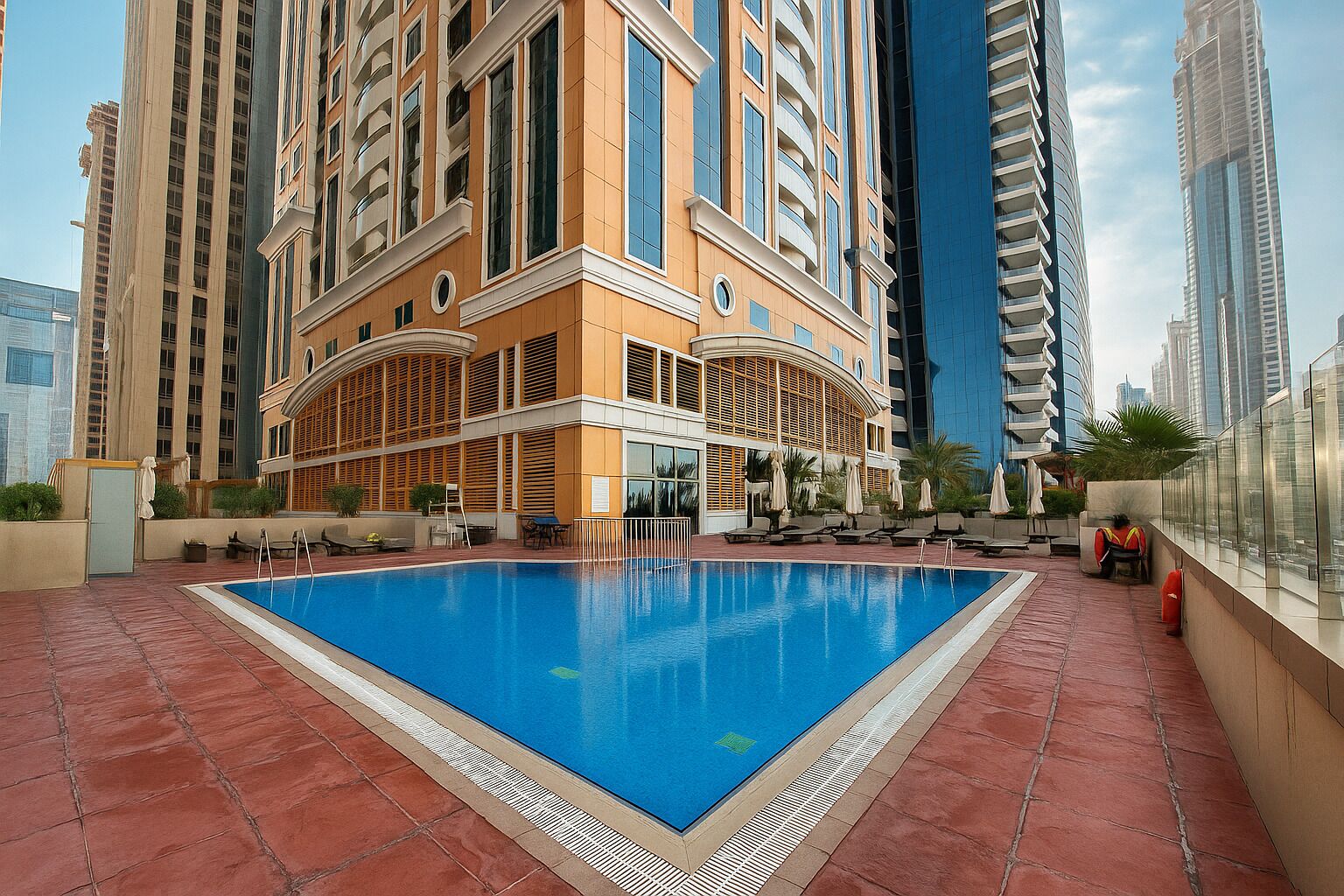 A rooftop pool with a clear blue pool, surrounded by high-rise buildings, and outdoor seating areas.