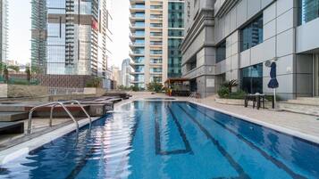 2 outdoor pools, open 8:00 AM to 10:00 PM, pool umbrellas, pool loungers