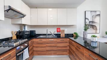 Deluxe Apartment, 1 Bedroom, Sea View | Private kitchen | Full-sized fridge, microwave, oven, stovetop