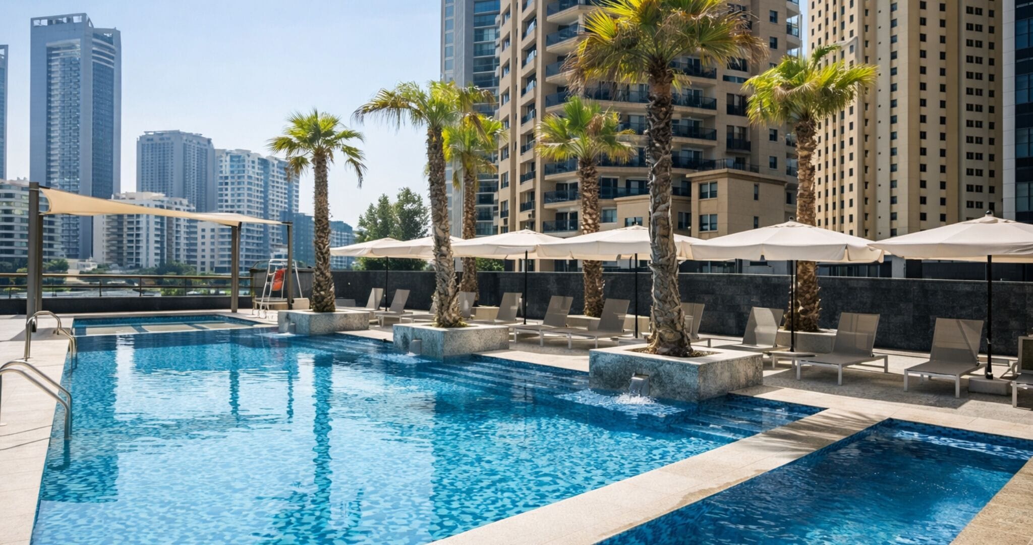 2 outdoor pools, open 8:00 AM to 10:00 PM, pool umbrellas, pool loungers