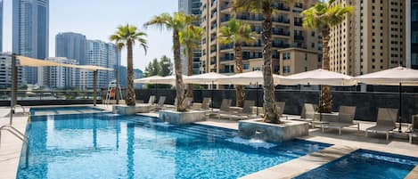 2 outdoor pools, open 8:00 AM to 10:00 PM, pool umbrellas, sun loungers