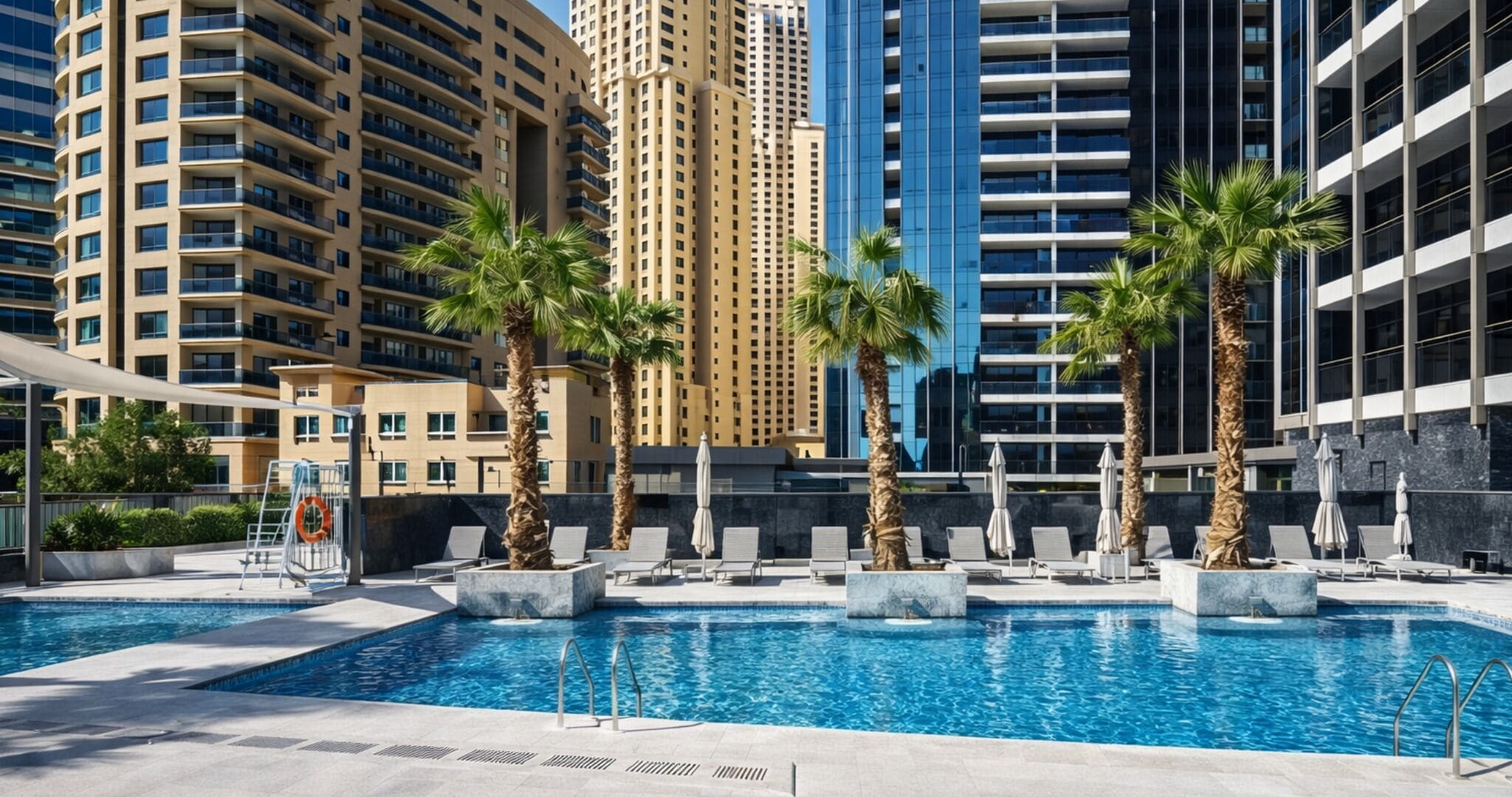 2 outdoor pools, open 8:00 AM to 10:00 PM, pool umbrellas, pool loungers