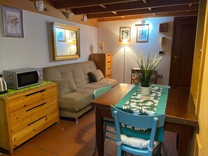 A compact living space with a kitchenette, a sofa, a dining table, and a chair. - Appartamento nel centro storico di Firenze (Florenz)