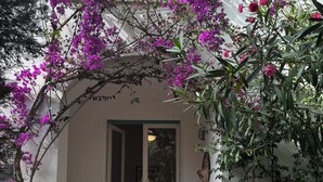 A white building with a brick entrance, a door, and a small porch area. - Cactus Cottage With pool and a stone's throw from the famous Blue Grotto! (Anacapri)