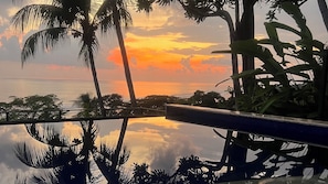 Vista al atardecer con palmeras y una extensión de agua.