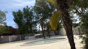 Ein Pool, umgeben von Bäumen und einem Zaun.