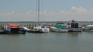 A marina with various boats docked, including a sailboat with a tall mast.