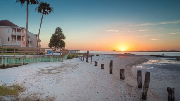 A beach with a wooden walkway, palm trees, and a building with balconies. - BLOCK CW Ocean Ridge 1br (Edisto Island)
