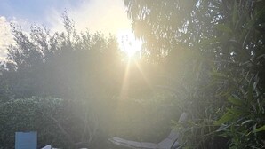 Ett trädäck med en soffa och en fåtölj, omgivet av grönska och en liten stenrabatt.
