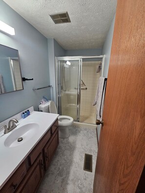 Shower, towels, toilet paper