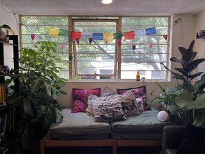 A cozy room with a window, a sofa with cushions, and various plants. - Authentic urban jungle in Coyoacán, quiet and well-connected neighborhood (Ciudad de México)