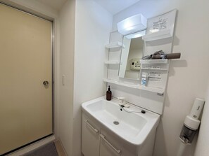 Hair dryer, towels, soap, toilet paper