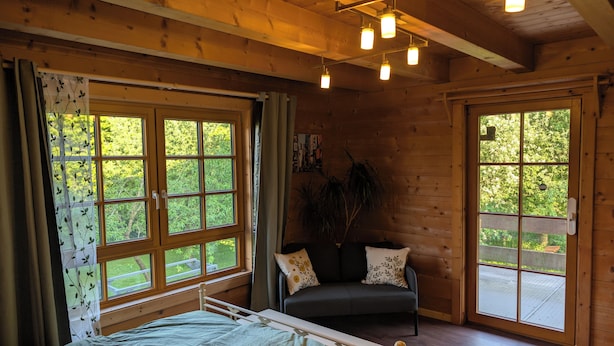 A wooden cabin room with a bed, a sofa, and large windows.