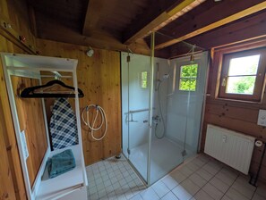 Hair dryer, towels, toilet paper