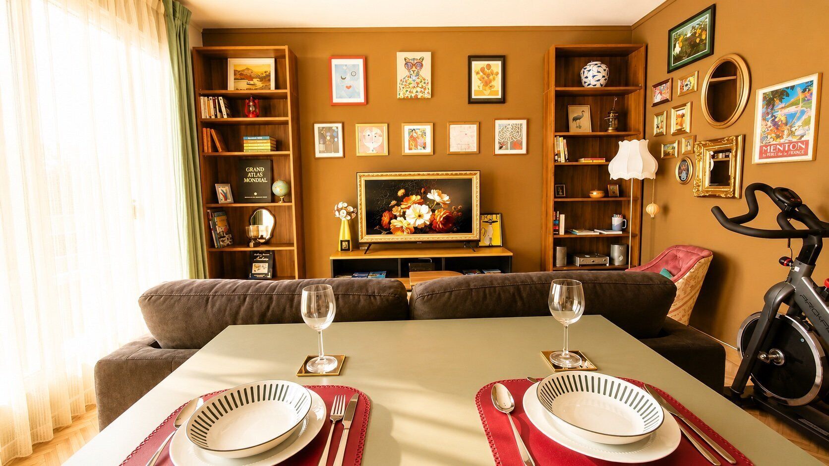 Un coin repas avec une table dressée pour deux personnes, un canapé et une bibliothèque contenant divers objets.