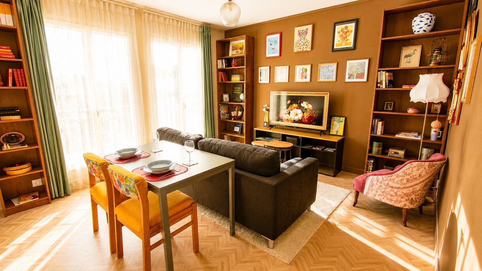 A cozy living room with a sofa, a dining table set, a TV, and a bookshelf.