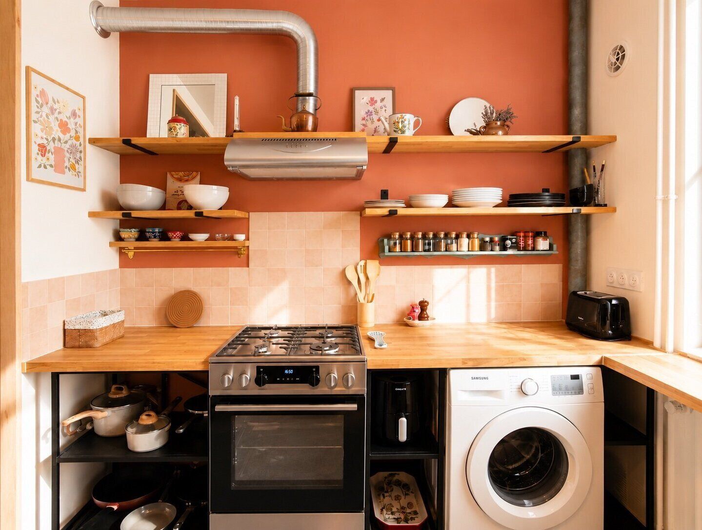 Une cuisine compacte équipée d’une cuisinière à gaz, d’un four et d’un lave-linge encastré.