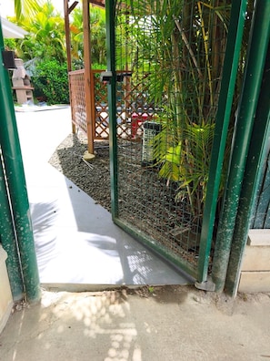 Ein von einer Mauer umgebenes Außengelände mit einem Betonweg, einer Holzkonstruktion und dichter Vegetation.