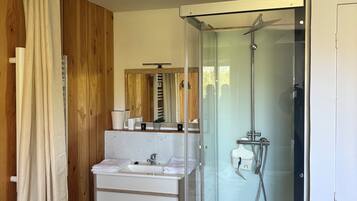 Hair dryer, towels, soap, toilet paper
