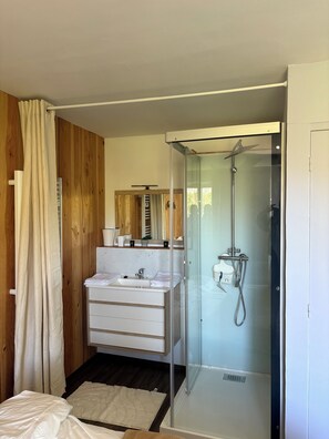 Secadora de cabello, toallas, jabón, papel de baño