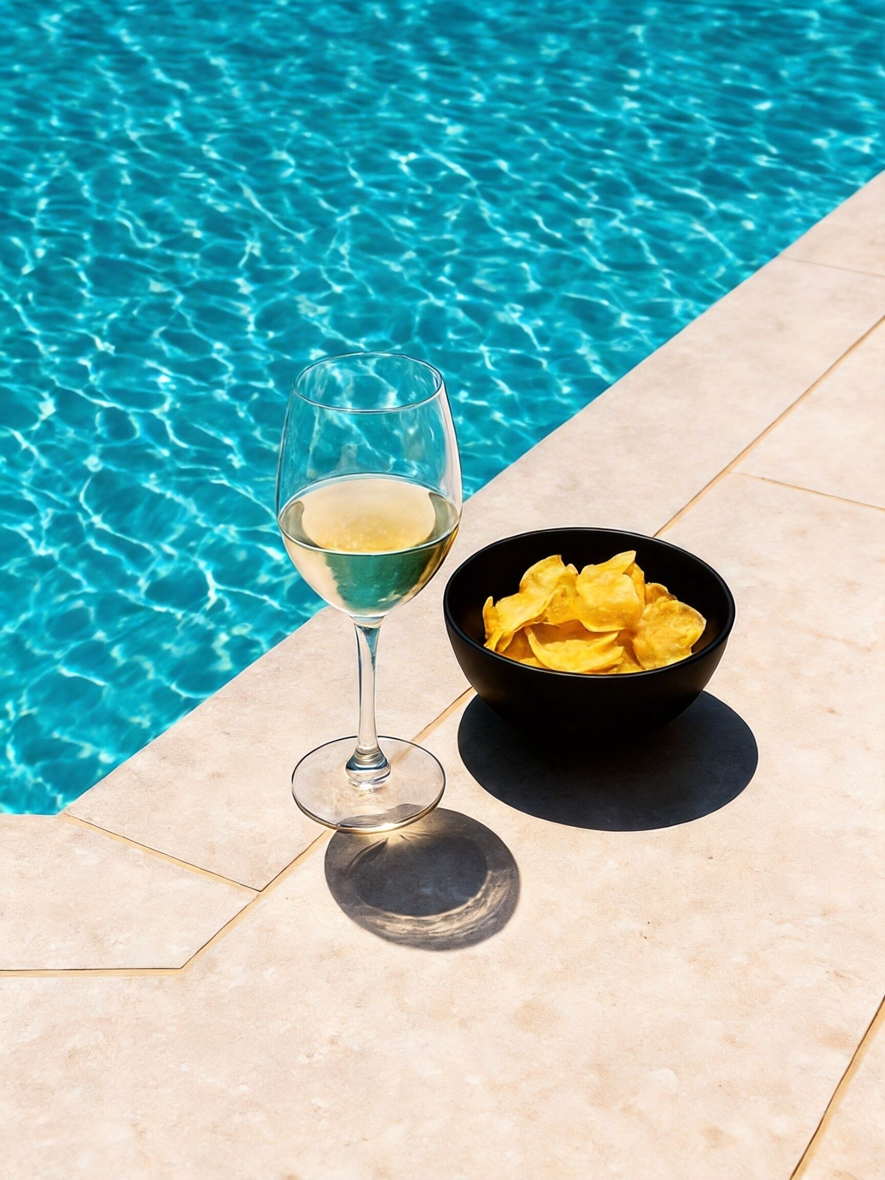Ein Glas Weißwein und eine Schüssel Chips am Pool.