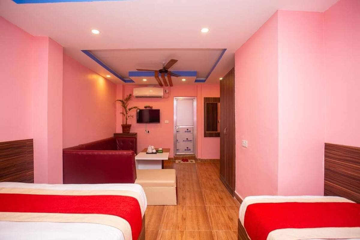 A hotel room with two beds, a red sofa, a small table with a plant, a ceiling fan, and an air conditioning unit.