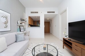 Superior Apartment, 1 Bedroom, Marina View | Living area | Smart TV, Netflix, Hulu, streaming services - Gala Guests - Iris Blue Living (Dubai Marina)
