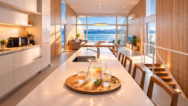 A modern kitchen with a long island, a dining area, and a view of the ocean. - Signature Lake View Luxury Residences M32 (San Carlos de Bariloche)