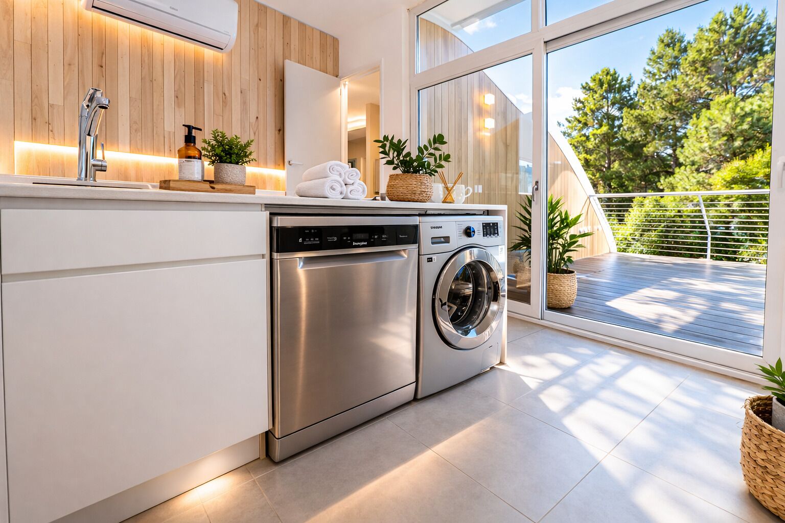 A modern kitchen with a built-in dishwasher and washing machine, wooden paneling, and a view of a balcony with plants.