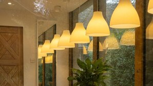 Zona pranzo con tavolo e sedie in legno, una pianta in vaso e illuminazione a sospensione.