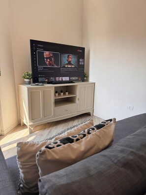 A living room with a flat-screen TV on a cabinet, a sofa with patterned cushions, and a small plant on the cabinet. - Lake house 40 minutes from Peschiera Del Garda, comfortably sleeps up to 4 people. (Mantova)