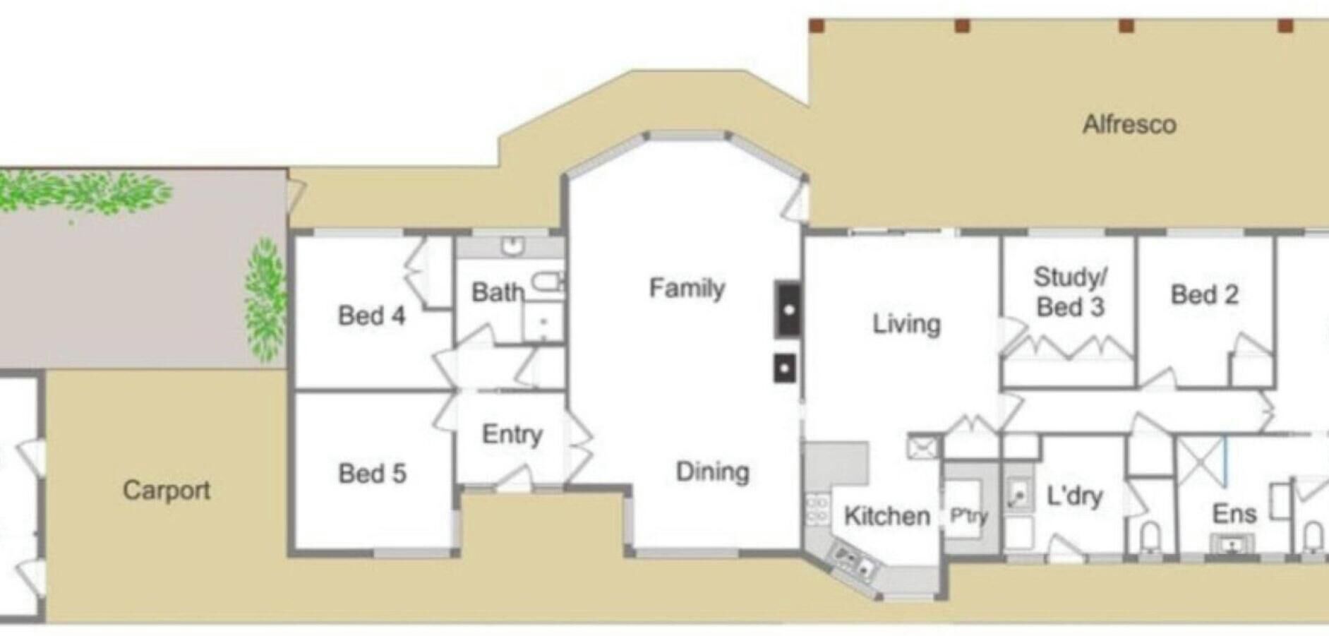 Ein Grundriss mit Carport, Familienzimmer, Essbereich, Küche, Arbeitszimmer und zwei Schlafzimmern.