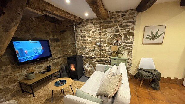 Un salon chaleureux avec un mur en pierre, une cheminée, un téléviseur et un canapé.