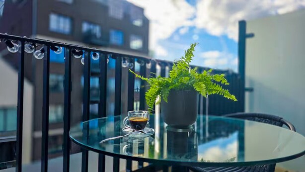 Una mesa de vidrio con una planta en maceta y una taza de café en un balcón.