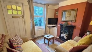 Un salon avec deux canapés, un téléviseur, une cheminée et une fenêtre avec des rideaux.