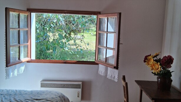 A room with a wooden ceiling, a bed with patterned bedding, a table with a vase of flowers, and a window with a view of greenery. - Authentic Vendée farmhouse set in a large wooded area 15 minutes from the sea (saint jean de monts)
