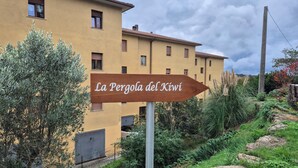 Uma placa de madeira com o texto 'La Pergola del Kiwi', um edifício amarelo e vegetação ao redor.