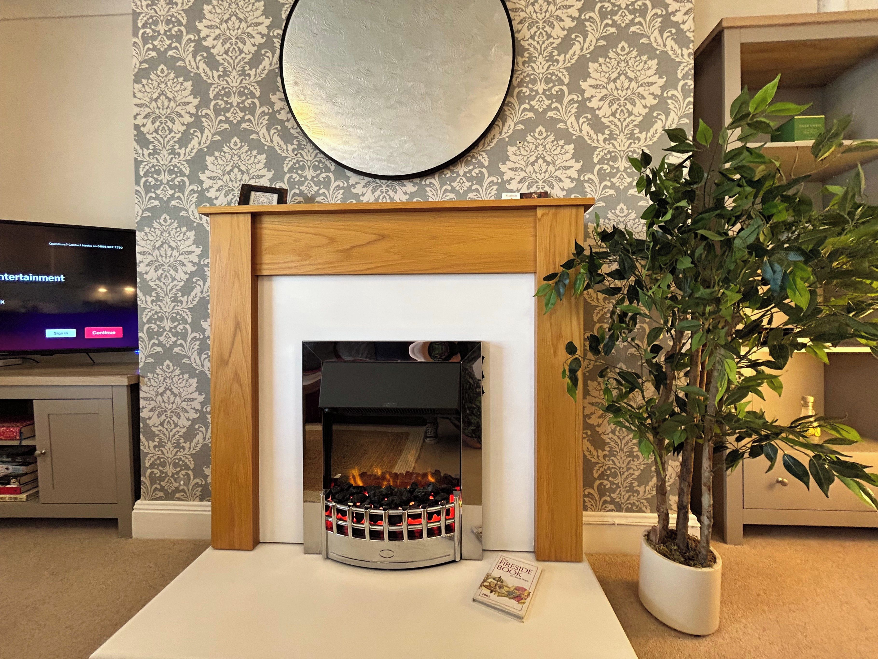 Una chimenea con diseño moderno, un televisor a la izquierda y una planta en maceta a la derecha.